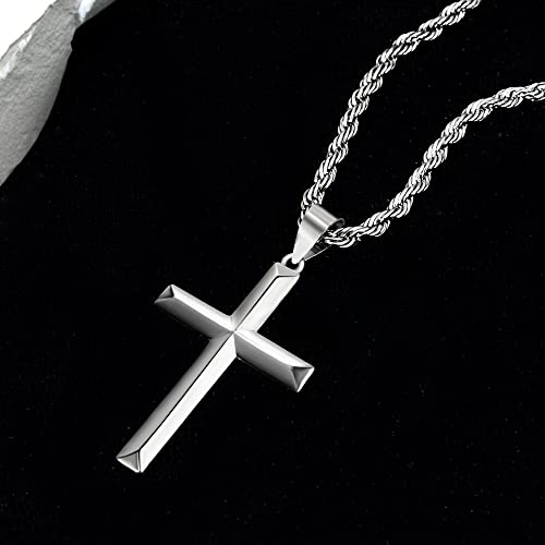 925 Sterling Silver Cross Necklace for Men with 3.5mm Stainless Steel Twist Clasp Rope Chain Necklace Beveled Edge Cross Pendant Necklace for Men Women 16-28 Inches4