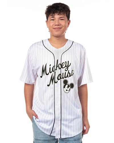 Disney Mickey Mouse Men's Baseball Jersey - Mens Classic Mesh Button Down Baseball Jersey Mickey Mouse Fashion Shirt (White, Large)