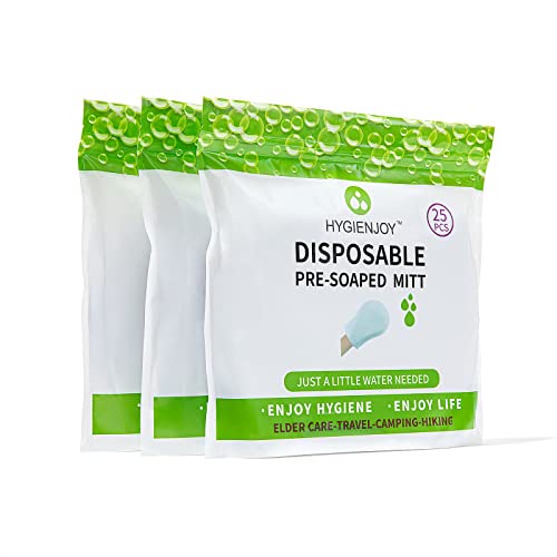 HYGIENJOY Body Wipes For Adults Bathing,Bath Wipes for Adults No Rinse ,Pre-soaped,Glove Shaped, Disposible Adult Wipes for Elderly,for the Injured,for the Disabled,etc.Also For Campers and Hikers,Body Wash Gloves with Soap ( 3 Packs,75 counts)