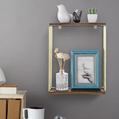 Mygift 2 Tier Modern Brass And Burnt Wood Floating Shelf, Decorative Shadow Box Wall Shelf #TOP4