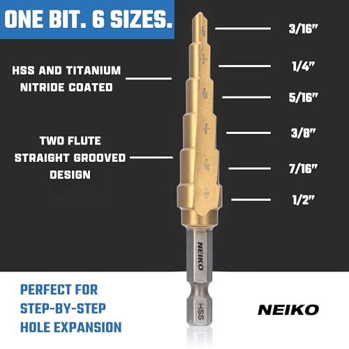 Image of NEIKO 10604A Step Drill Bit, 6 Steps 3 /16 inch to 1 /2 inch Straight High Speed Steel, Titanium Nitride Coated, 1 /4 inch Quick Change Step Bits for Steel, Metal, Wood, Plastic, Unibit Cone Drill Bits, Two Flute