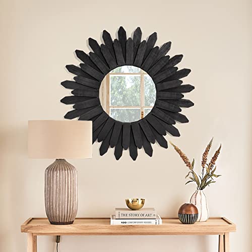 Image of Honiway 21 inch Black Wall Decor Vintage Mirror, Boho Style, Wooden Frame, Easy to Hang, Ideal Gift