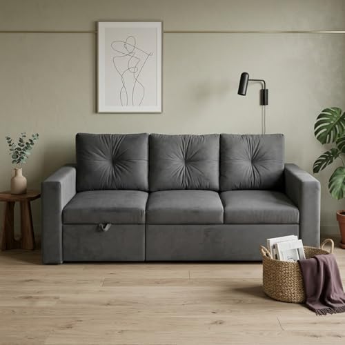 Image of FURNY Tira 4 Seater LHS Lounger Sofa Cum Bed (Dark Gray) with Pull-Out Function | Luxury Velvet Suede Finish | Durable Comfort | Ideal for Living Room