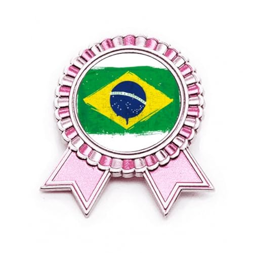 Broche drapeau du Brésil en métal peinte à la main, un bijou rose artisanal unique en taille M