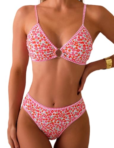 Tainehs Women's Two Piece Bikini Sets O Ring Front Top Ditsy Floral Triangle Swimsuits Cheeky Bathing Suit
