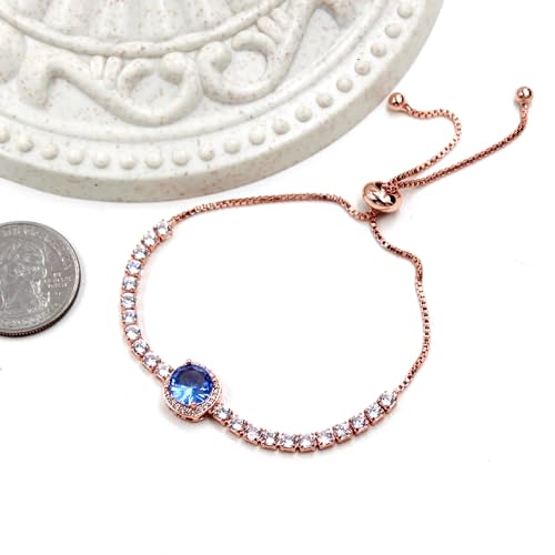 Image of Rose Plated Gold Brass Box Chain Cubic Zirconia Classic Tennis Slider Adjustable Bracelet, Round Big Zircon Charm Give Woman Mom Mother's Day Fashion Crystal Gift