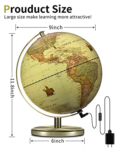 Waldauge Illuminated World Globe With Stand, 9" Vintage Earth Globes With Hd Printed Map For Living Rooms Decor, Led Globe Lamp With Stable Heavy Metal Base #TOP1