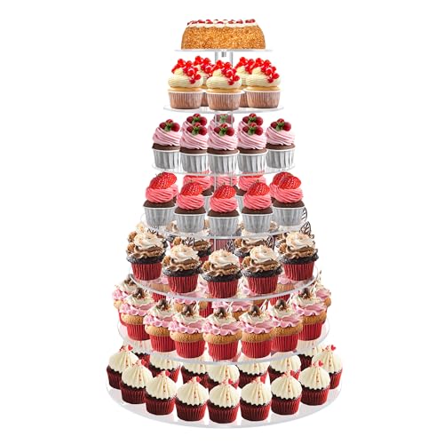 Cupcake Stand, 7 Tier Round Cupcake and Cake Dessert Tower Holder for 70 Cupcakes, Clear Acrylic Cupcake Riser, Large Pastry Cupcake Display for Party Wedding Birthday by RLHDIS - Used condition - US$35.18