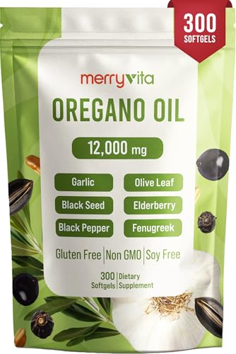 MERRY VITA Oil of Oregano with Black Seed Oil Oregano Oil Capsules Organic High Carvacrol Aceite de Organo Cpsulas Immune Support Supplement Non-GMO - 300 Softgels
