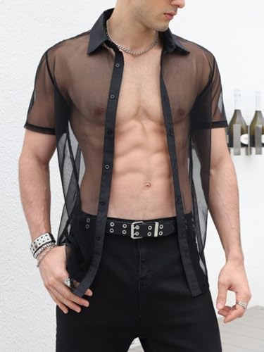 Verdusa Men's Sheer Mesh Button Up Shirt See Through Short Sleeve Top3
