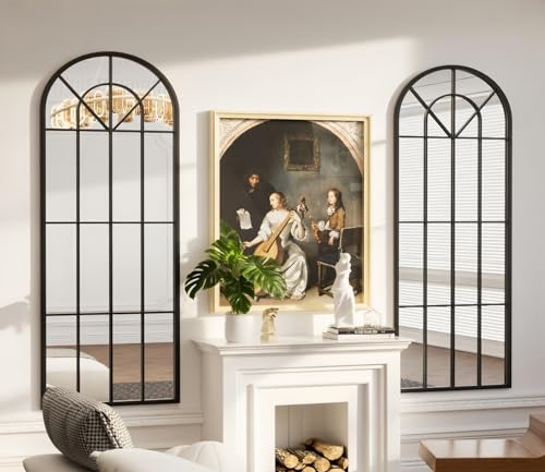 Image of Dewfig Arched Windowpane Floor Mirror, 71 inchx 32 inch Full Length Mirror, Black