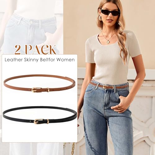 Image of Thin Belt for Women - Adjustable Skinny Leather Waist Belt for Formal Pants, Jeans, and Dresses with Fashion Buckle - Black & Camel, 2 Pack