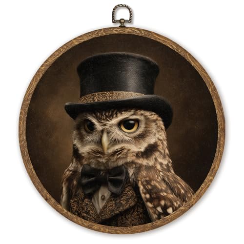 Vintage Owl Round Wall Art Decor10x10 Inch Framed,Dark Moody Brid Wall Art,Victorian Portrait Animal Circular Artwork for Home Living Room,Unique Gift for Women Men, Neutral Retro Artwork(Brown-owl)