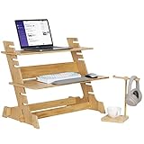 FATIVO Bureau Debout Réglable de 6 Niveaux, Table Élévatrice Bureau Bambou Ergonomique, Poste Travail Debout Assis Debout, avec Support de Téléphone et d'Écouteurs - 66x47x48cm