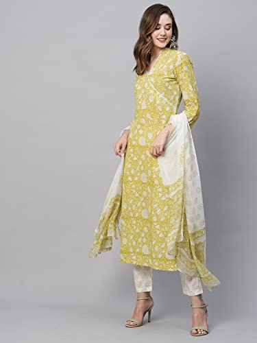 Image of GoSriKi Women's Cotton Blend Straight Printed Kurta with Pant & Dupatta (Avni Green-GS)