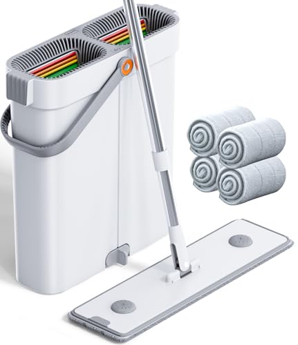 CTIME Wischmopp Set mit Eimer, freihändiger Flacher Bodenwischer und Eimer, Wischer Boden mit 4 Waschbaren Mikrofaser-Pads, Nass- und Trockengebrauch wischmopp für Alle Boden Ecken Fenster(40 cm)