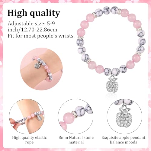 Image of Teacher Appreciation Gift, Teacher Appreciation Bracelet First Day of School Stone Teacher Gifts Apple Bracelet with Card & Storage Bag Bead Bracelet for Graduation Teacher's Day (Pink White)