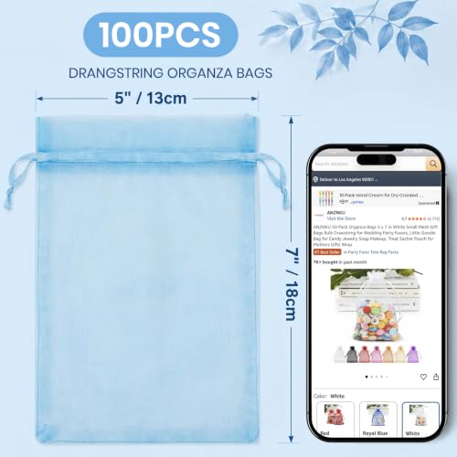 Image of ANZNKU 100 Pack Organza Bags 5 x 7 in Sky Blue Small Mesh Gift Bags Bulk Drawstring for Wedding, Little Goodie Bag for Party Favor Candy Jewelry Soap Makeup, Treat Sachet for Baby Shower Graduation