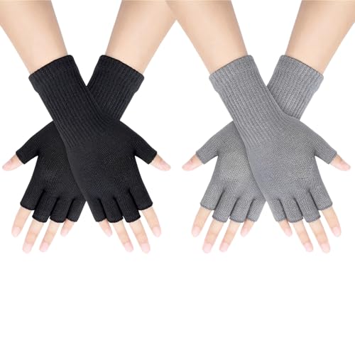 LIURFLNC 2 Paar Handschuhe Ohne Fingerkuppen, Lengthen Wrist Unisex Handschuhes ohne Finger Damen, Half Finger Stretchy Knit Fingerlose Handschuhe Damen, Fingerless Gloves...