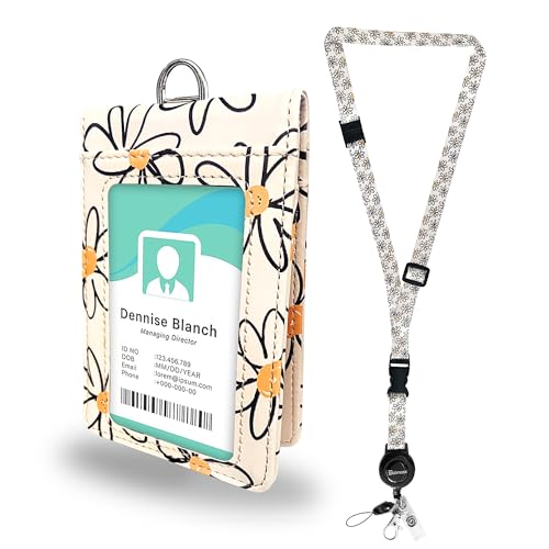 bolimoss Daisy Leather Badge Holder with Double-Sided Windows,Leather ID Name Badge Card Holder with Adjustable Retractable Lanyards, Breakaway Neck Lanyards for Work ID, School ID, Access Card