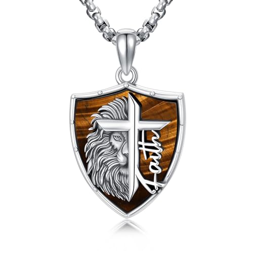 Lion Necklace for Men 925 Sterling Silver Lion Pendant Men of Faith Bible Christian Jewelry Gifts for Husband Brother