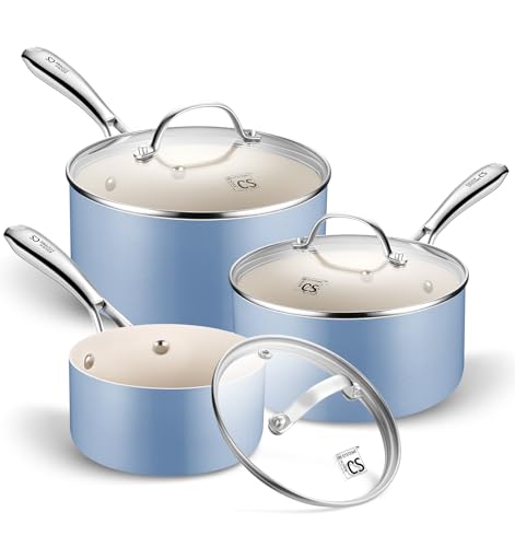Image of KOCH SYSTEME CS Nonstick Sauce Pan with Lid 1QT, 2QT & 3QT, Non-Toxic Ceramic Saucepan Set, Blue Sauce Pan Set, Multipurpose Cooking Pots Set, Compatible induction