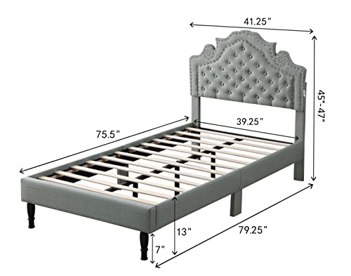 Twin Upholstered Platform Bed Frame With 47" Tall Adjustable Headboard - Button Tufted Linen Bed - Wood Slat Support With Storage Space - No Box Spring Needed - Grey - Oliver & Smith - Elizabeth #TOP1