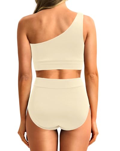 Image of Holipick Women One Shoulder High Waisted Bikini Sets Two Piece Swimsuit Tummy Control Bathing Suit Full Coverage Swimwear
