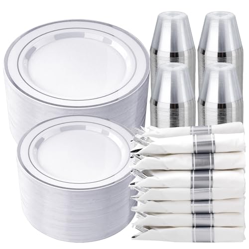 realluck 350 PCS White and Silver Plastic Dinnerware Set for 50 Guests 100 Disposable Plates for Party 50 Pre Rolled Napkins with Silver Silverware 50 Cups
