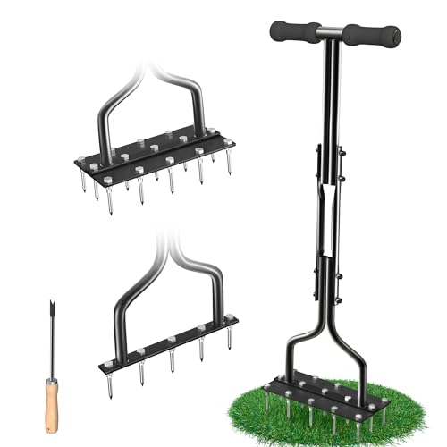 SUNEOWALY Rasenlüfter, Aerifizierer für Rasen, 2-in-1 Rasenbelüfter Rasenspecht für Verdichtete Böden und Rasenflächen, Rutschfester T-Griff, Ausgestattet mit 15 Massiven Stahlnägeln, Schwarz