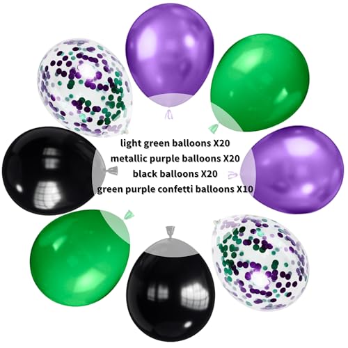 Image of Green and Purple Balloons, 70pcs Light Green Purple Black Balloons with Confetti for Birthday Party Supply