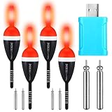 Grinsvalley 4 Pcs Lighted Slip Bobbers Fishing Floats Weights Glow in The Dark Spring Bobber with Red Light Tail with 6 Battery & 1 Battery Charger for Crappie Walleyes Night Fishing(4g)