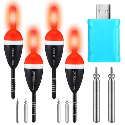 Grinsvalley 4 Pcs Lighted Slip Bobbers Fishing Floats Weights Glow in The Dark Spring Bobber with Red Light Tail with 6 Battery & 1 Battery Charger for Crappie Walleyes Night Fishing(4g)