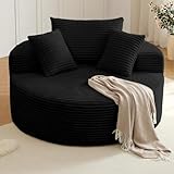 Oversized Round Chair Lounge Chaise Indoor, Upholstered Corduroy Deep Seat Cloud Large Circle Sofa Chair, No Assembly Required, Fluffy Modern Sleeper Sofa Bed for Reading, Living Room, Bedroom, Black