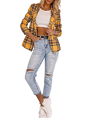 Elegante Damen-Kostümjacke, Oberteil, Bluse, Reverskragen, kariert, bedruckt, langärmlig, Knopfleiste, schmale Passform, Business-Stil, für den Alltag, gelb, M Cover