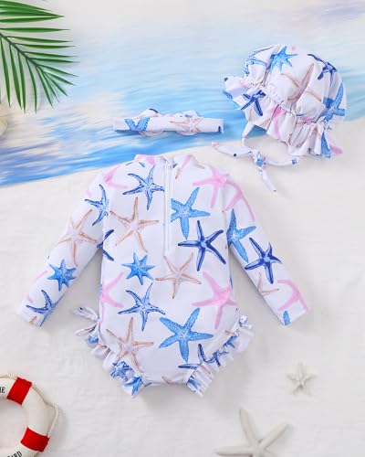 Image of Renotemy Baby Girls Swimsuit Drawstring Zip Bathing Suit Long Sleeve One-Piece Rash Guard Swimwear with Hat for Infant Girl