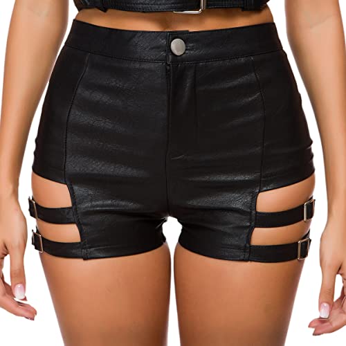 IWEMEK Kurze Lederhose Damen Schwarz High Waist PU Ledershorts Rave Pole...