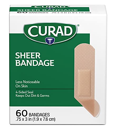 CURAD Sheer Adhesive Bandages, 3/4 x 3 Inch, For First Aid & Wound Care, Durable, Breathable & Flexible, Box of 60