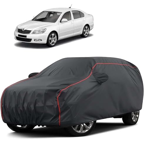 Image of Sulfar 100% Water Resistant Car Body Cover Compatible with Mirror for Skoda Laura (Triple Stitched, Full Bottom Elastic, Dark Grey Taffeta with Red Piping)