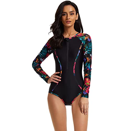 Guardia de la erupción de Moda para Las Mujeres Sexy Manga Larga Traje de baño UPF 50+ impresión Floral de una Pieza Traje de Surf,XXL Cover