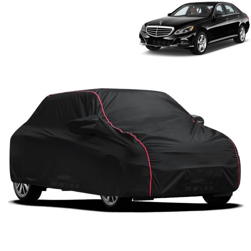 Image of Waterproof Car Cover for Mercedes Benz E220 | All-Weather Protection, Dustproof & UV Resistant | Triple Stitched Mirror Pockets, Windproof Buckle Strap with Elastic Hem, Black-Red Piping
