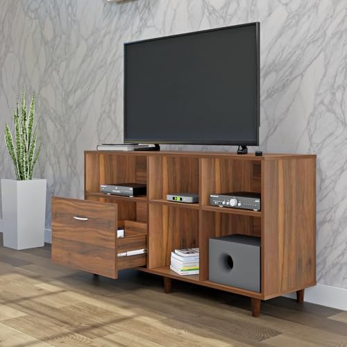 Image of VIKI Modern TV Unit for Living Room | Engineered Wood TV Cabinet with 1 Drawer Storage & 3 Open Shelves, Set Top Box Stand, Entertainment Unit, 140W x 74H x 40D cm | DIY | 1 Year Warranty (Walnut)