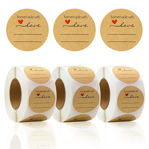 Bercoor 1.5'' Homemade With Love Stickers (500 Labels Per Roll), Kraft Paper Jar Canning Labels With Lines For Writing, Mason Jar Labels For Bakery Packaging, Cookie Bags, Crafts, Food #TOP4