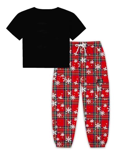 Image of Betusline Girls 2 Piece Set, Black Cute Short Sleeve Crop Tops + Snowflake Red Plaid Cargo Jogger Pants Clothes, 4-5T = Tag 120