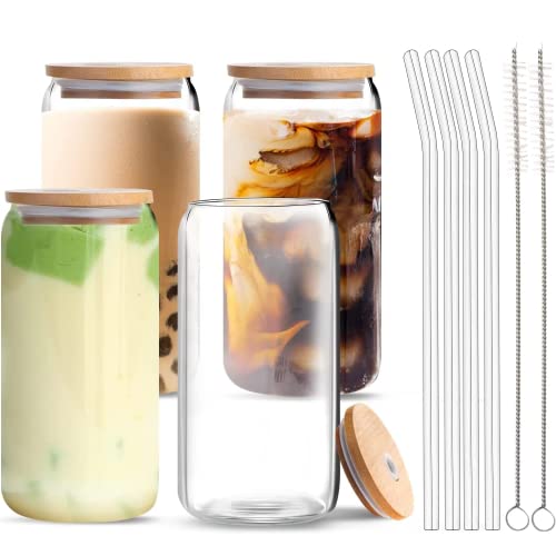 image for MOTYYA 4 Pack Drinking Glasses with Glass Straw, 16oz Can Shaped Glass