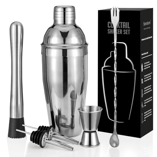 Cocktail Shaker Set, 6-Piece Mixology Bartender Kit Premium Shakers Bartending: Martini Shaker Jigger Mixing Spoon Muddler 2 Pourers Bar Tools Set with Built-in Bartender Strainer for Drink Shaker