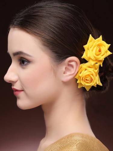 Image of Vogue Hair Accessories Rose Flower Pins Set Of 2 Yellow (Vha A 01)