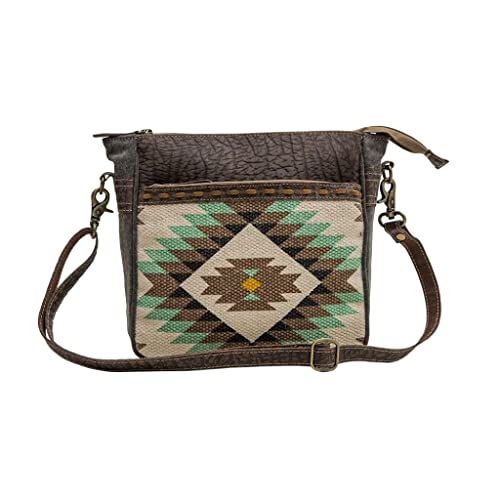 Myra Bag Canvas Zipper Bag - Delcatty Leather, Rug, and Canvas Crossbody Bag for Women, Aztec Design in Hues of Green, Brown, and Yellow, Zipper Pouch with Adjustable Strap