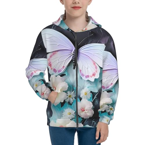 White Butterfly Print Girls Athletic Zip Up Hoodies,Sweatshirts with Pockets Long Sleeve Hooded Jackets, for 7-18 Y2