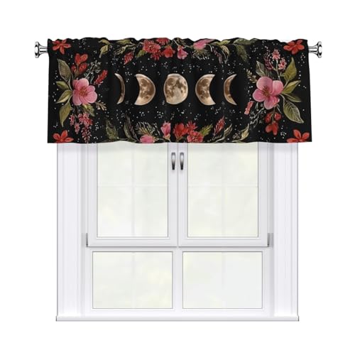 mutakin Floral Moon Valances for Windows Rod Pocket Curtain Valance 1 Panel Short Curtains for Kitchen Bathroom Living Room Bedroom Window Treatments